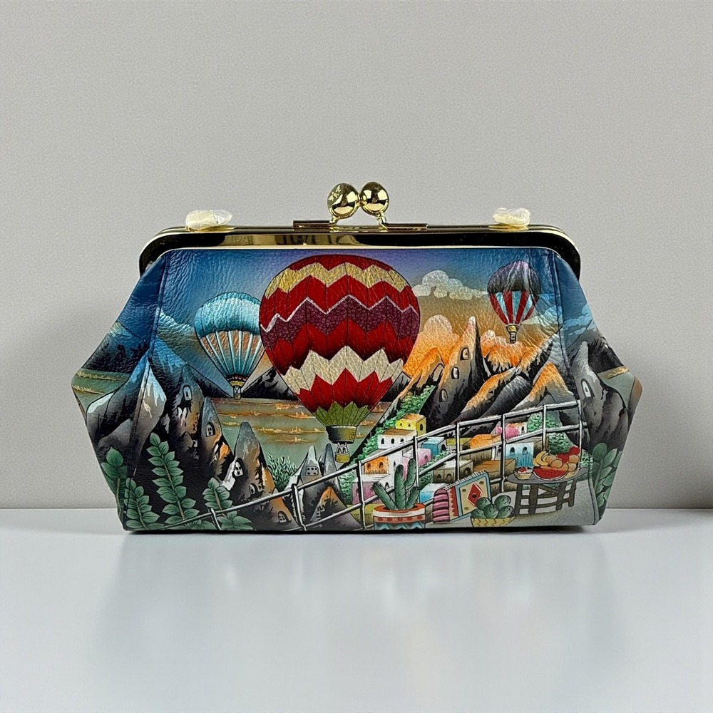 Anuschka Hand Painted Bag Purse Leather Hot Air Balloon Kiss Lock Crossbody NWT